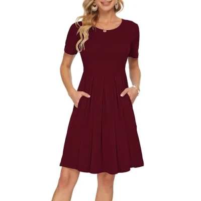 Abbildung von AUSELILY Wein Rot Kleider Damen Sommerkleid A Linie Kleid Casual Freizeitkleid Kurzarm Lose Fit M