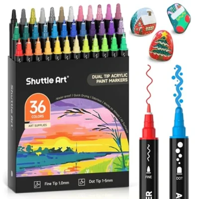 Abbildung von Shuttle Art Acrylstifte für Steine wasserfest, 36 Farben bemalen Stifte Set, doppelköpfige Acrylmarker mit Dot &amp; feine Spitze, Acryl holz, Ostereier, Glas, Keramik, Leinwand