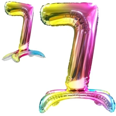 Abbildung von Luftballon 7. Geburtstag Zahl 7 Mehrfarbig Stehende Foil XXL Riesen Folienballon 82cm Geburtstagsdeko Ballon Deko zum Geburtstag.