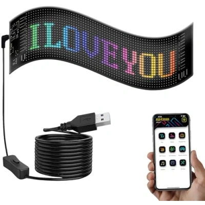 Abbildung von Luminea LED Anzeige: Programmierbare Anzeigetafel, 35 x 10 0,2 cm, flexibel, App, USB (LED Laufschrift, Laufband, Digitale Wanduhr)