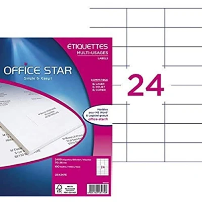 Abbildung von OFFICE STAR Selbstklebende Etiketten für Drucker, A4, Weiß, 2400, 70 x 36 mm, personalisierbar und bedruckbar, FSC zertifiziert, selbstklebend, selbstklebendes Etikettenpapier