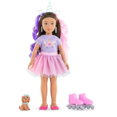 Abbildung von Corolle Girls Luna Einhorn Set, Ankleidepuppe mit Hund, Unicorn Haarreif, Ohrringe und extra Inlineskates, Vanilleduft, 28cm, ab 4 Jahren