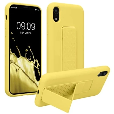 Abbildung von kwmobile Handyhülle kompatibel mit Apple iPhone XR Hülle Fingerhalter und Standfunktion Silikon Case Handy Cover in Gelb
