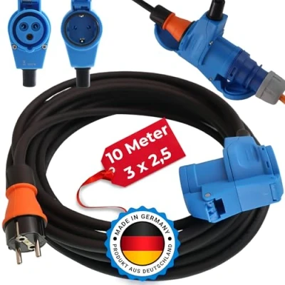 Abbildung von Adapterkabel Schutzkontakt Gummistecker IP44 auf CEE Winkelkupplung mit integrierter Schutzkontaktsteckdose 16A H07RN F 3G 2,5mm² (10m)