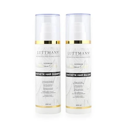 Abbildung von LUTTMANN® Synthetik Hair Kunsthaar Pflege Perücken Shampoo &amp; Balsam Pflegeset je 200 ml schonende Reinigung für synthetische Haare speziell Haarteile