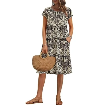 Abbildung von AUSELILY Damen Kurzarm Knielange Sommerkleider Sommer Lockeres Freizeitkleider Empire Kleider mit Taschen Boho Blumenschwarz M