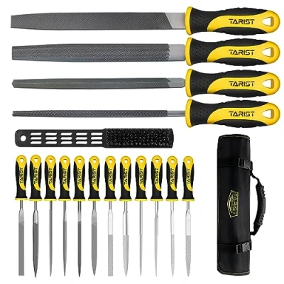 Abbildung von TARIST Feilenset Metall 17tlg mit Werkzeugtasche, inkl 12 Nadelfeilen, 4 Metallfeilen, 1 Stahlbürstefür universelle Schrupp und Schlichtarbeiten geeignet