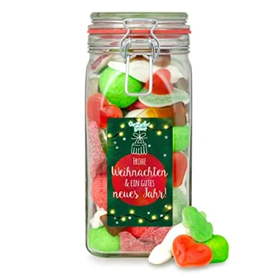 Abbildung von Frohe Weihnachten Süßigkeitenglas Fruchtgummi und Schaumzucker Mix im hochwertigen Bügelglas, schönes Weihnachts Geschenk