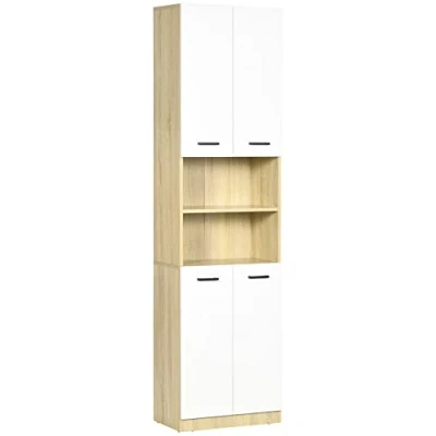 Abbildung von kleankin Badezimmerschrank mit 2 Schränken und Regalen, Küchenschrank, Hochschrank Soft Close Funktion, Badschrank, Mehrzweckschrank, Weiß+Natur, 53 x 33,5 195,7 cm