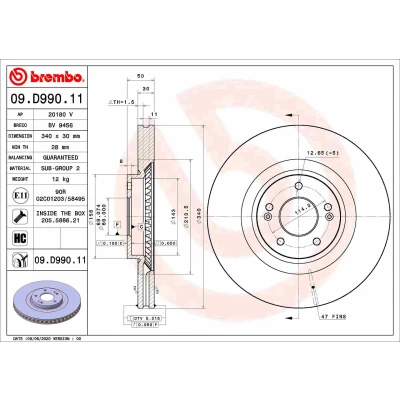 Abbildung von BREMBO 09.D990.11 Bremsscheibe 340 30 5 innenbelüftet beschichtet hochgekohlt mit Schrauben KIA: SORENTO 3, HYUNDAI: Santa Fé IV