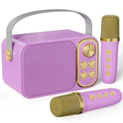 Abbildung von BESCOST Karaoke Maschine mit 2 Mikrofonen, Mini Anlage 7 Stimmeffekten, tragbare Bluetooth Lautsprecher für Kinder &amp; Erwachsene, Perfekt Partys, Geburtstage (Lila)