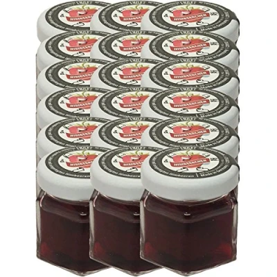 Abbildung von Amors Himbeerchen Himbeer Vanille Likör mit Himbeeren im 2cl Glas 18 Stück