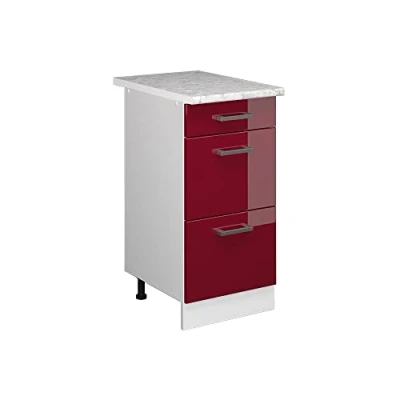 Abbildung von Vicco Küchenunterschrank R Line, Bordeaux Hochglanz/Weiß, 40 cm mit Schubladen, AP Marmor