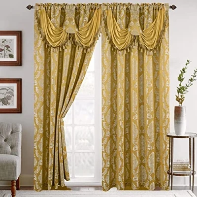Abbildung von Elegant Comfort Vorhang Set in Jacquard Optik mit angenähtem Wasserfall Volant, 137 x 213 cm, Gelb