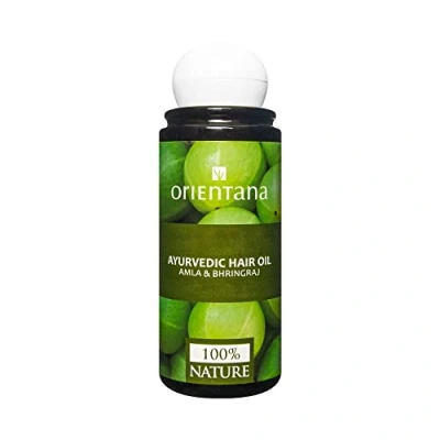 Abbildung von Orientana Ayurvedisches Haaröl Amla Bhringraj Neem &amp; Vitamin E 100% Natürliches Veganes Bio Ohne Silikon und Parabene Gegen Schuppen Haarausfall Graue Haare Für Haarwachstum 105ml