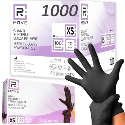 Abbildung von RMOVE 1000 schwarze Nitrilhandschuhe XS puderfrei, latexfrei, hypoallergen, 10 Boxen mit 100 Einweghandschuhen für Kosmetiker, Tätowierer, medizinische Bereiche