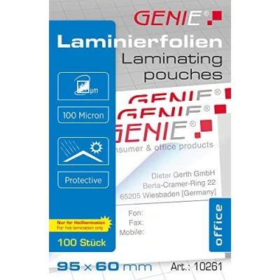 Abbildung von Genie 10261 Laminierfolien (100 Mikron, für bis zu Visitenkarten Formate, 95 x 60 mm) 100er Pack glasklar