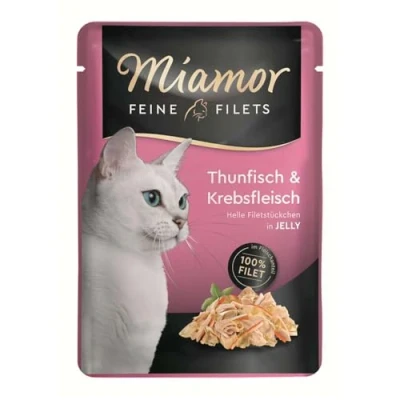 Abbildung von MIAMOR Feine Filets in Jelly Nassfutter für ausgewachsene Katzen mit Filetstückchen Jelly. Fettarmes Ergänzungsfutter im Frischebeutel ohne Zusatzstoffe 24x100g Thunfisch &amp; Krebsfleisch
