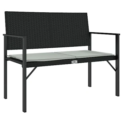 Abbildung von vidaXL Gartenbank, Sitzbank 2 Sitzer mit Kissen, Bank Stahlrahmen für Garten Terrasse, Parkbank Armlehnen Rückenlehne, Schwarz Poly Rattan