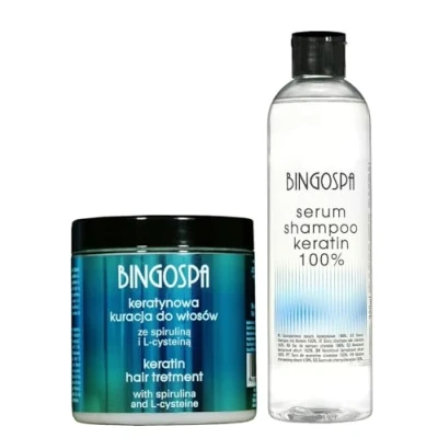 Abbildung von Haarpflege Set: Shampoo Keratin Serum, Haarbehandlung mit Spirulin und L Cystein 550 ml BINGOSPA