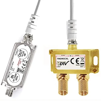 Abbildung von TronicXL Premium 2 Fach Antennenverteiler Splitter mit Sat Verstärker digital HD I für Satellit TV DVBT DVBS Unicable 3D 4K HDTV Verteiler Weiche Inline Fernseher
