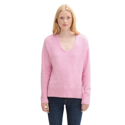 Abbildung von TOM Tailor Denim MIT Vausschnitt Strickpullover, Damen, Größe: Small, Soft pink melange