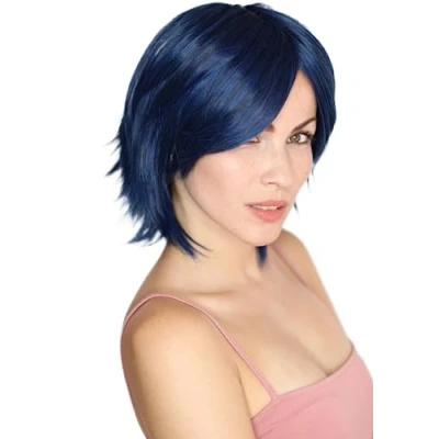 Abbildung von Prettyland blau schwarz kurze Mittel lange perücke mit Pony Gestuft fransig Damen &amp; Herren natürliche Wig C1251