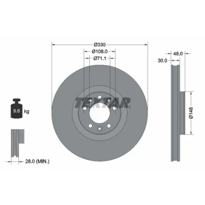 Abbildung von TEXTAR PRO 92283403 Bremsscheibe 330 30 05/08 108 innenbelüftet beschichtet ohne Radbefestigungsbolzen, Radnabe PEUGEOT: 308 SW 2