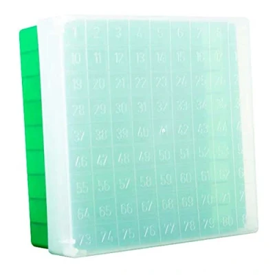 Abbildung von neoLabLine Polypropylen neoBox 81 Plus Kryobox mit Nummerisch Codiertem Deckel, Grün/Transparent/Codiert, 133mm x 53mm