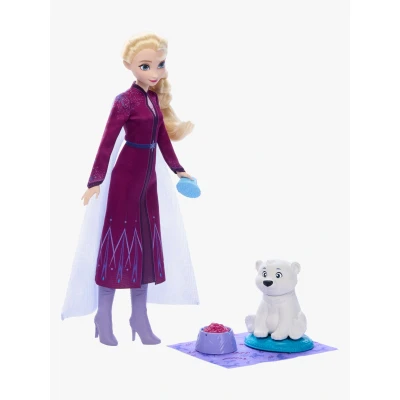 Abbildung von Mattel Disney Die Eiskönigin ELSA Modepuppe und Bärenjunges Figur mit 4 Zubehörteilen, einschließlich Tierbett Bettdecke, inspiriert von den Tieren aus Arendelle, JFG16