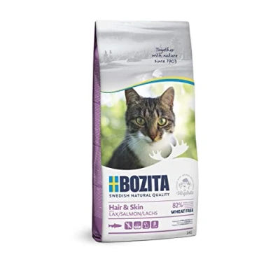 Abbildung von BOZITA Hair &amp; Skin Weizenfrei mit Lachs Trockenfutter für erwachsene Katzen, dass Haut und Fellpflege unterstützt, 2 kg