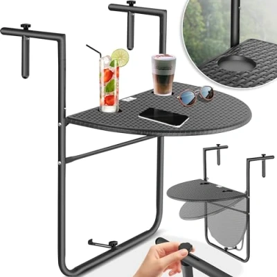 Abbildung von KESSER® Balkonhängetisch klappbar Balkontisch zum Einhängen Balkon Hängetisch 3 Fach höhenverstellbarer Klapptisch Balkongeländer wetterfest mit 2X Getränkeplätze Tischplatte BxT: 62 x 60 cm Anthrazit
