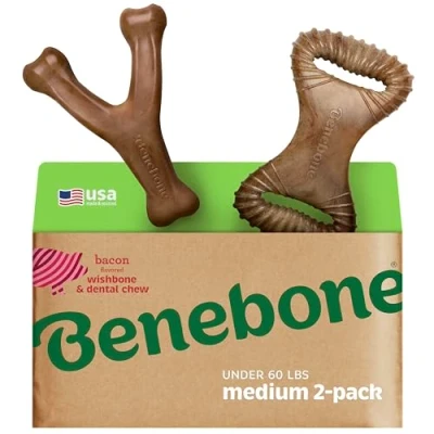 Abbildung von Benebone 2 Pack Indestructible Dental Chew/Wishbone For Aggressive Chewers, Long Lasting Tough Boredom Breaker Dogs, Real Bacon Flavour, Medium Made in the USA.