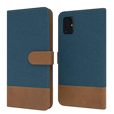 Abbildung von EAZY CASE Tasche kompatibel mit Samsung Galaxy A51 Stoff Schutzhülle Standfunktion Klapphülle Bookstyle, Handytasche Handyhülle Cover Magnetverschluss und Kartenfach, Kunstleder, Dunkel Blau