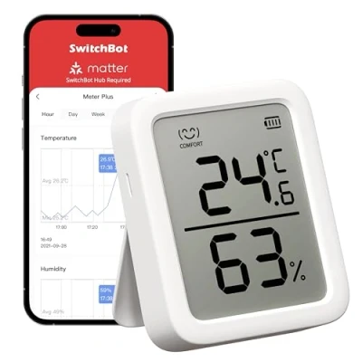 Abbildung von SwitchBot Thermometer Hygrometer Innen, Bluetooth Digital Temperatur Feuchtigkeit Sensor mit APP &amp; Datenspeicherung, Taupunkt/VPD/Absolute Feuchtigkeitssensor