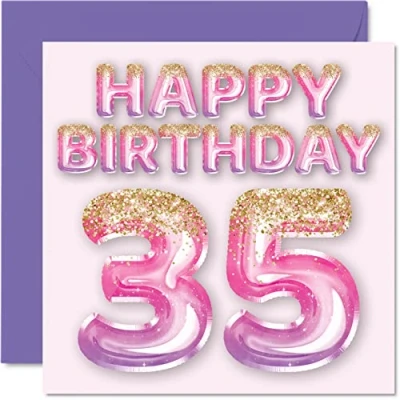 Abbildung von Stuff4 Geburtstagskarte zum 35. Geburtstag für Frauen rosa und lila Glitzerballons Happy Karten 35 Jahre alte Frau Freund Schwester Mama Tante 145 mm x Grußkarten Geschenk