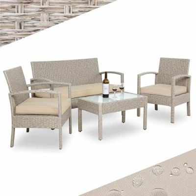 Abbildung von Casaria® Gartenmöbel Set Wetterfest 4 Personen Outdoor inkl. Auflagen Polyrattan 2 Sessel Gartenbank Tisch Garten Terrasse Balkon Möbel Lounge Creme