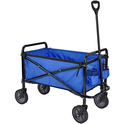 Abbildung von Amazon Basics Zusammenklappbarer Bollerwagen für den Garten, faltbar, mit Abdeckung, Außenbereich, Blau