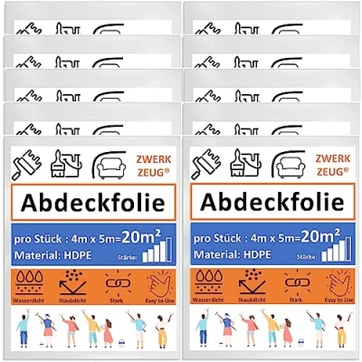 Abbildung von 10x ZWERKZEUG® 10 Stück Set je 4m x 5m Maler Abdeckfolie Transparente Staubschutzfolie Plastikplane Allzweck Folie Malerplane Malerfolie Abdeckvlies Abdeckplane Malerarbeit (Extra Stark Stück)