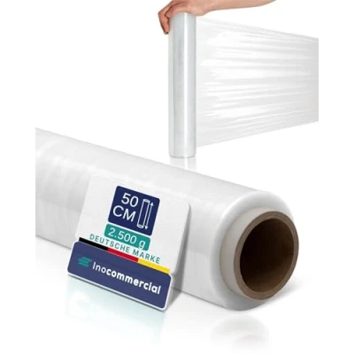 Abbildung von Inoverse 1 Rolle Stretchfolie Transparent Wickelfolie 50cm/2.5kg, Folie Für Möbel &amp; Umzug, Palettenfolie, Handstretchfolie, Verpackungsfolie auf Rolle, Strechfolienrolle, Verpackungsmaterial