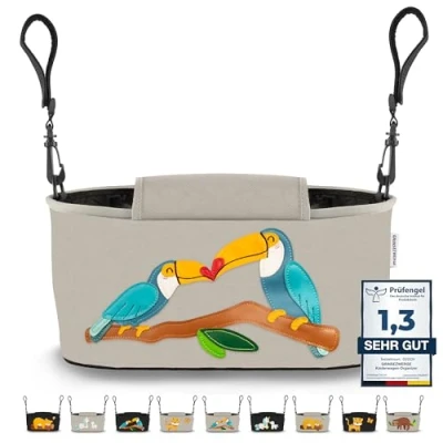 Abbildung von GRINSEZWERGE Kinderwagen Organizer 12 Motive mit Feuchttuchspender I Tasche Schultergurt Kinder Buggy Kinderwagentasche Aufbewahrungstasche Baby Stroller Bag grau Tukan