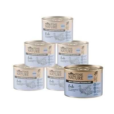 Abbildung von Dehner Fine Nature Hundefutter, Nassfutter in Lebensmittelqualität, für ältere Hunde, Ente, 6 x 200 g Dose (1.2 kg)