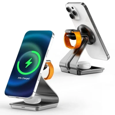 Abbildung von 3 in 1 Induktive Ladestation Kompatibel mit Magsafe Ladegerät, JE Wireless Charger Handy induktionsladegeräte für iPhone 16/15/14/13/12, Apple Watch 8/7/6/5/4/3/2/SE, AirPods 3/2/Pro(Schwarz)