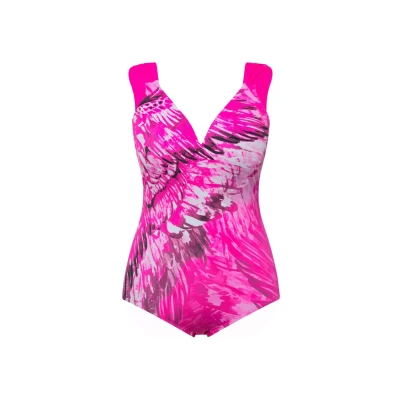 Abbildung von Ulla Popken Abstract Print Pleated Strap Cutout Badeanzug, Damen, Größe: 42, Neon berry
