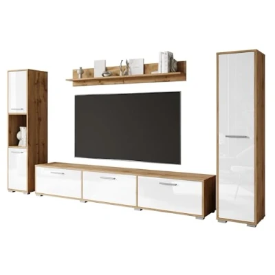 Abbildung von MINIO Wohnwand Wohnzimmer 4 teilig Toga, Möbel Set, 1x TV Lowboard, 2X Hochschrank, Wandboard, Wohnzimmermöbel Komplett, Set Farbe Wotan Eiche/Weiss Hochglanz