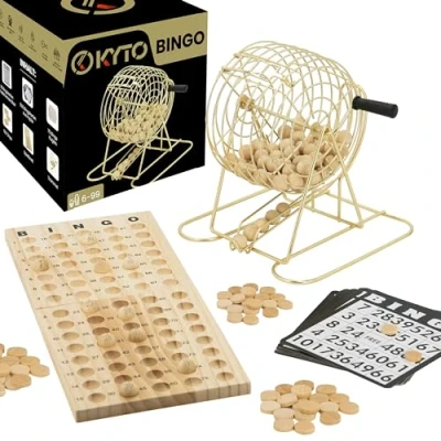 Abbildung von Großes Bingo Spiel Gold Metalltrommel 150 Chips, 75 Kugeln und Spielbrett aus Holz, 18 stabile Bingokarten + 500 Papier Erwachsene Kinder