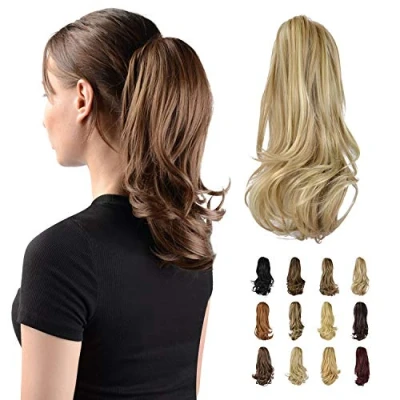 Abbildung von Sofeiyan 33cm Pferdeschwanzverlängerung Langer lockiger Pferdeschwanz Clip in Klaue Haarverlängerung Natürlich aussehendes synthetisches Haarteil für Frauen, Helles Aschbraun &amp; Bleichblond