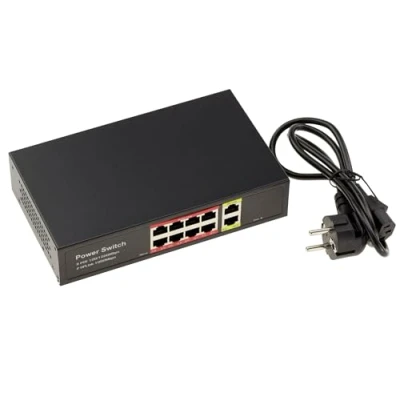 Abbildung von KALEA INFORMATIQUE Gigabit Ethernet Switch für PoE PoE+ 30W mit 8 RJ45 Ports nach unten und 2 Oben.