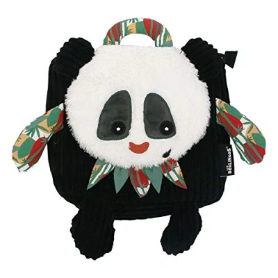 Abbildung von Les Deglingos Rucksack aus Samt für Kinder, Motiv: Rotos Le Panda, Schwarz, ideal die Krippe, ab 12 Monaten, 34 cm
