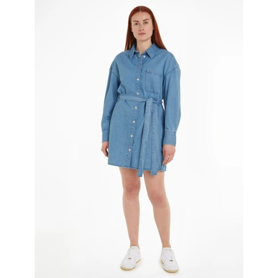 Abbildung von Tommy Jeans Belted Shirt Dress Jeanskleid, Damen, Größe: 50, Denim medium